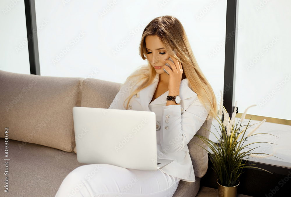 Home Office. Girl Sitting At The Laptop. Remote Work Home Office. Girl Sitting At The Laptop. Remote Work