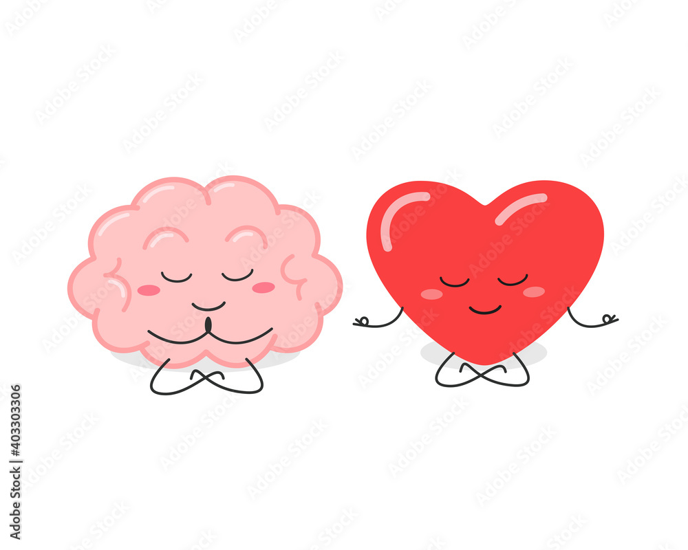 Funny cartoon brain and heart characters meditating - obrazy, fototapety, plakaty 