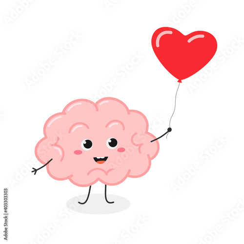Cute brain character with red heart balloon