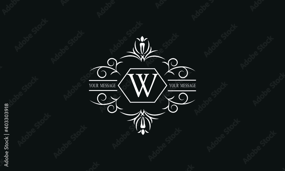 Graceful white monogram on a black background with the letter W. Elegant logo with the initial. Universal emblem, symbol of restaurant, business, greeting cards, invitations.