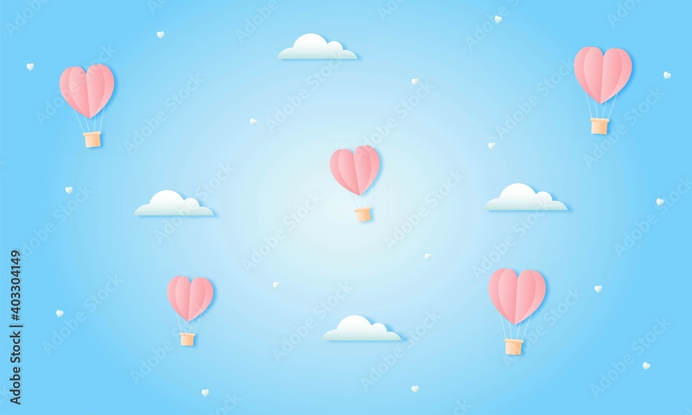 paper cut happy valentine's day concept. landscape with cloud and heart shape hot air balloons flying on blue sky background paper art style. vector illustration. 