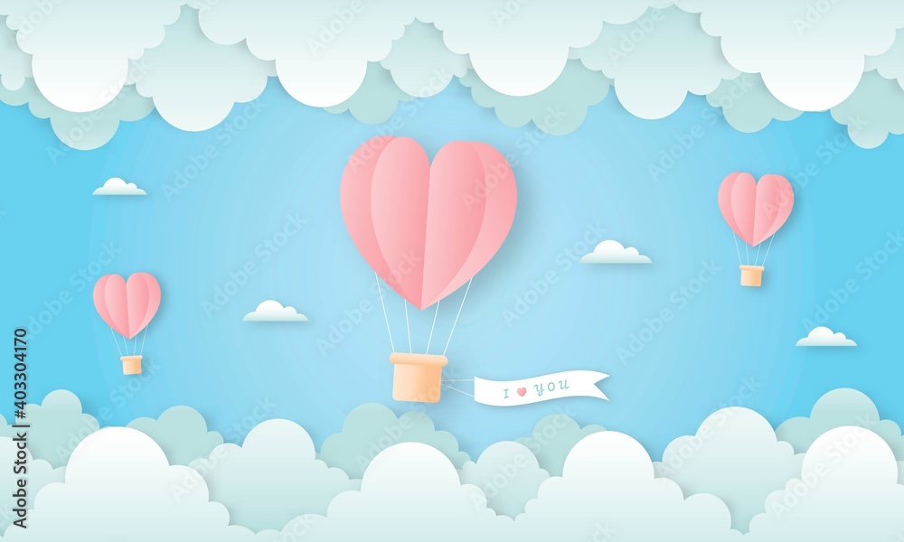 paper cut happy valentine's day concept. landscape with cloud and heart shape hot air balloons flying on blue sky background paper art style. vector illustration. 