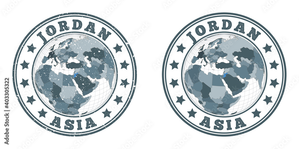 Jordan round logos. Circular badges of country with map of Jordan in world context. Plain and textured country stamps. Vector illustration.