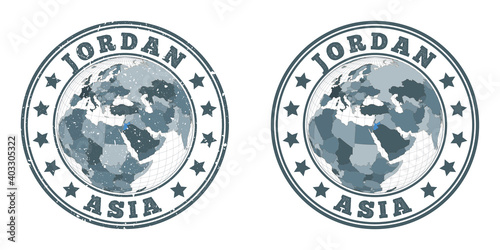 Jordan round logos. Circular badges of country with map of Jordan in world context. Plain and textured country stamps. Vector illustration.
