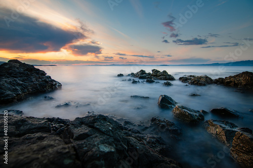 Beautiful seascape in Chalkidiki, Greece during the sunset. A calm feeling of the sea after a warm summer day.