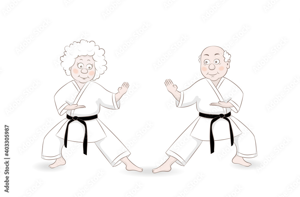 Cute cartoon style old man and old woman Karate master in fighting stance.Healthy lifestyle.Vector illustration. Cute cartoon style old man and old woman Karate master in fighting stance.Healthy lifestyle.Vector illustration.