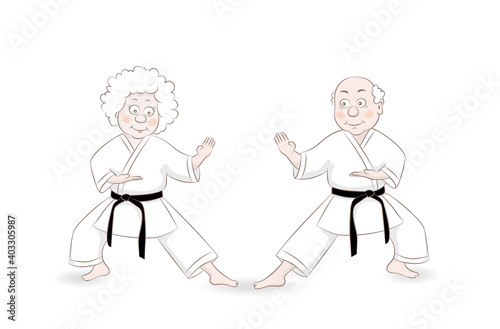 Cute cartoon style old man and old woman Karate master in fighting stance.Healthy lifestyle.Vector illustration.