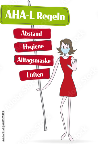 Corona | Covid-19: AHA-L Regeln auf Schildern. Abstand - Hygiene - Alltagsmaske - Lüften