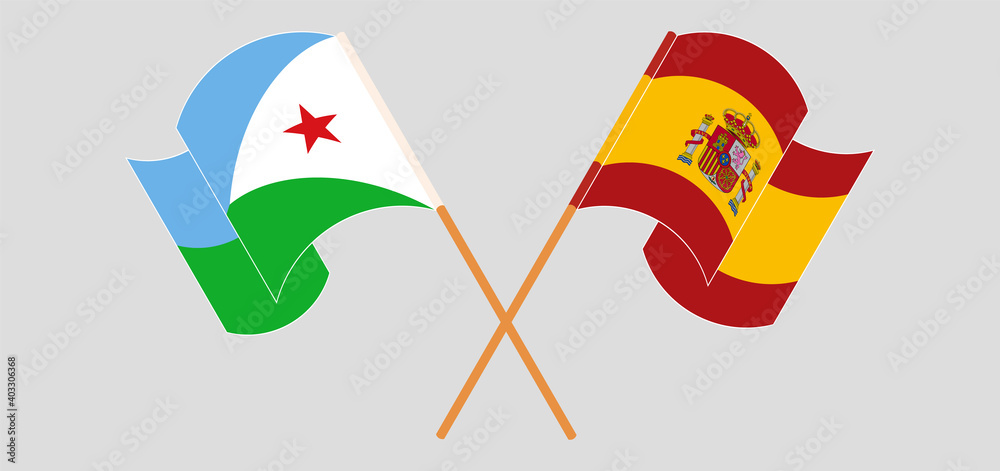 Crossed and waving flags of Djibouti and Spain Crossed and waving flags of Djibouti and Spain