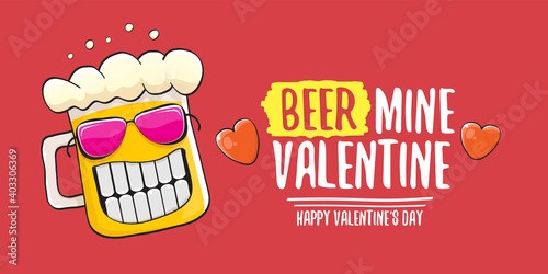 Beer mine valentines vector valentines greeting horizontal banner with beer glass cartoon character isolated on red background. Vector adult valentines day party poster design template