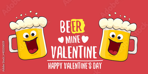 Beer mine valentines vector valentines greeting horizontal banner with beer glass cartoon character isolated on red background. Vector adult valentines day party poster design template