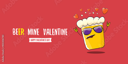 Beer mine valentines vector valentines greeting horizontal banner with beer glass cartoon character isolated on red background. Vector adult valentines day party poster design template