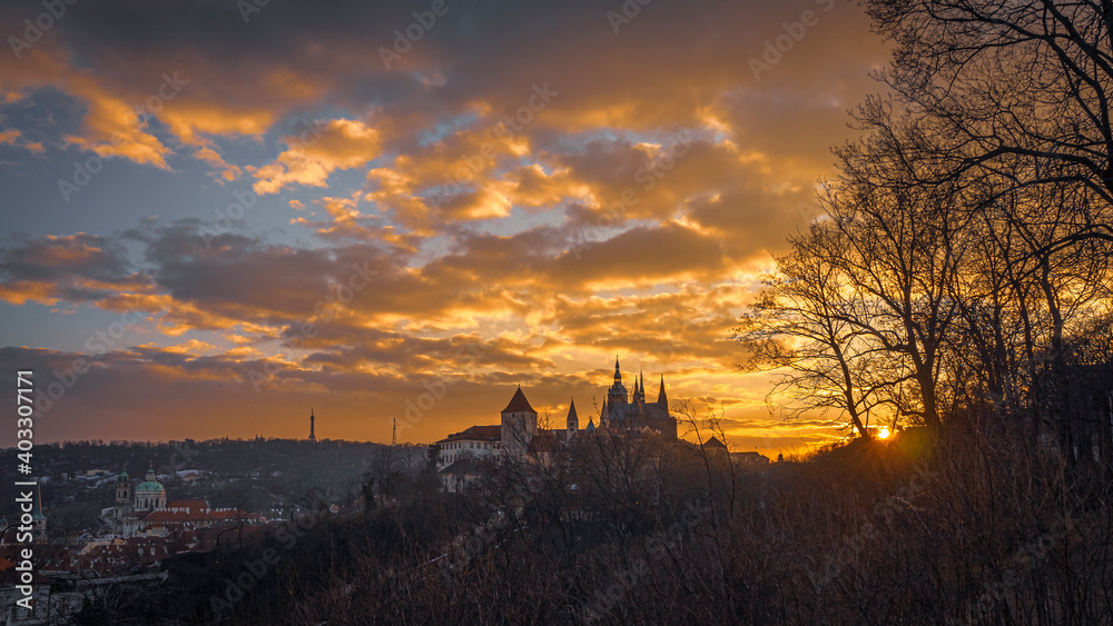 Beautiful spring sunset over the old city of Prague with wide angle view of the Prague Castle
