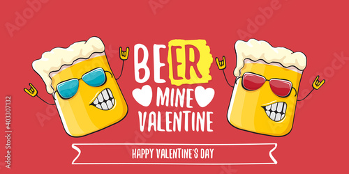 Beer mine valentines vector valentines greeting horizontal banner with beer glass cartoon character isolated on red background. Vector adult valentines day party poster design template