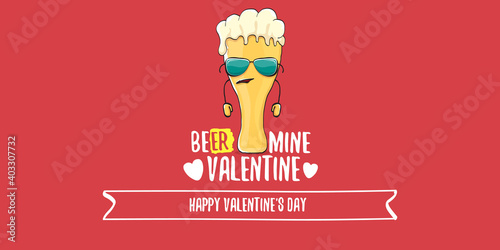 Beer mine valentines vector valentines greeting horizontal banner with beer glass cartoon character isolated on red background. Vector adult valentines day party poster design template