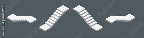 Isometric vector illustration modern concrete staircases for exterior or interior isolated on dark background. Set of steps or stairs in different positions vector icons in flat cartoon style.