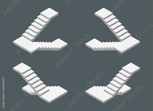 Isometric vector illustration modern concrete staircases for exterior or interior isolated on dark background. Set of steps or stairs in different positions vector icons in flat cartoon style.