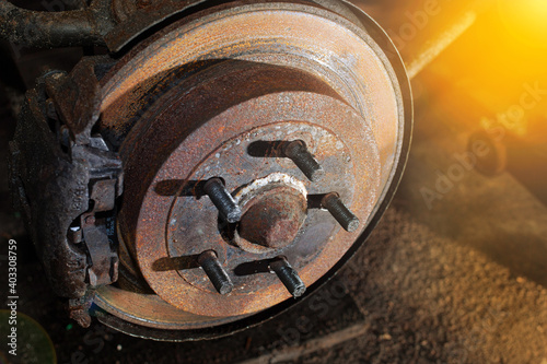 rusty car brake disc, brake repair concept