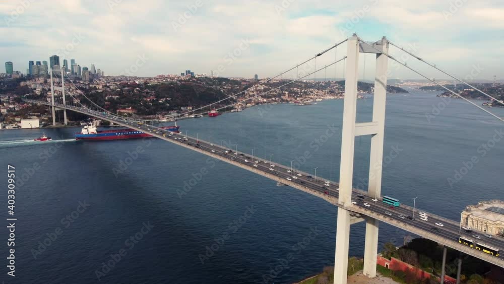 Aerial view of Istanbul Bosphorus Bridge. Istanbul City Landscape. 4K Drone Footage in Turkey. Aerial view of Istanbul Bosphorus Bridge. Istanbul City Landscape. 4K Drone Footage in Turkey.