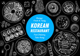 Korean food top view illustration. Hand drawn sketch. Bibimbap, kimchi, kimbap, noodles, skewers. Korean street food, take away menu design. Vector illustration.