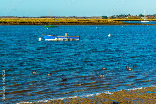 Ducks and small boats on the river Alde at the town of Aldeburgh, Suffolk © Nicola