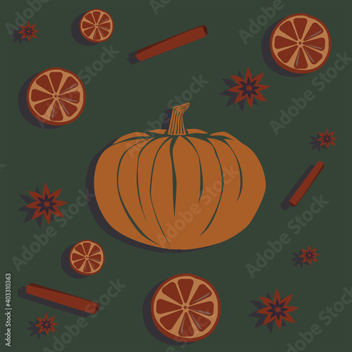 Set of spices, pumpkin, on a green background, vegetarian sweets, healthy dessert, orange, cinnamon, anise