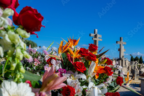 A beautiful view of a cemetery graveyard with tombstones crosses and angels at llucmajor in mallorca island balearic spain on a clear sunny day 