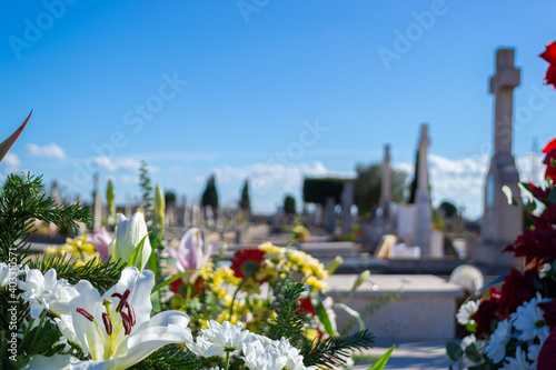 A beautiful view of a cemetery graveyard with tombstones crosses and angels at llucmajor in mallorca island balearic spain on a clear sunny day  © Luis Alonso 