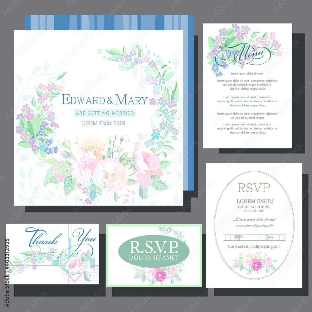 Wedding invitation card with flowers, rsvp card, menu design, Basic CMYK