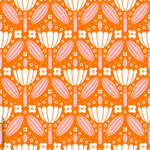 Pink and white flowers symmetric ornament, vector pattern