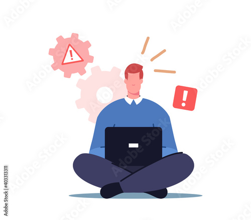 Male Character Office Worker Sit with Laptop See System Error Notification on Pc Monitor. Professional Technical Help