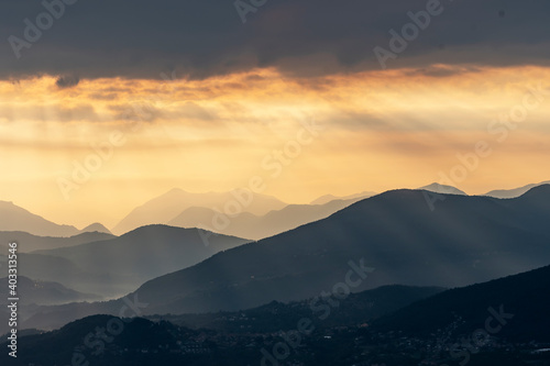 View of the mountains above Luino from the viewpoint of Premeno, a town at 800 meters above sea level, Italy