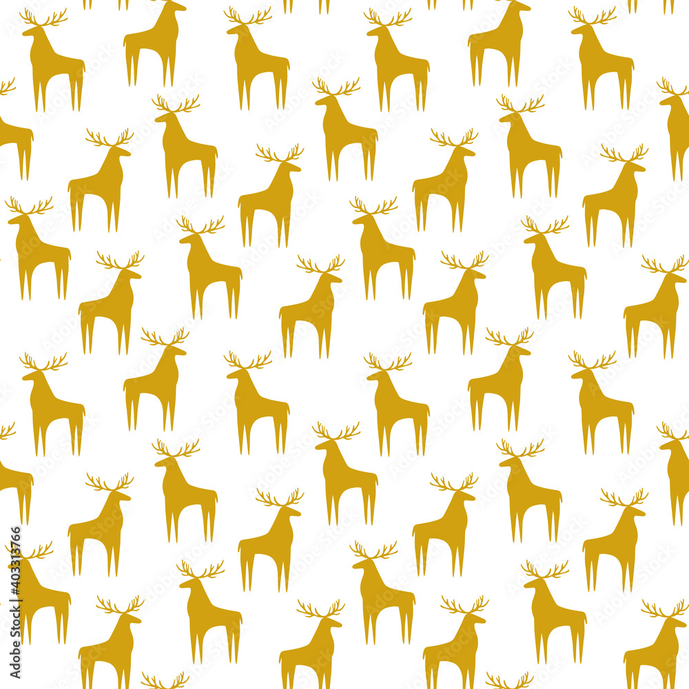 Seamless pattern with yellow deer on white background. Christmas and New Year pattern, perfect for wrapping paper, textiles, cards, invitations, posters Seamless pattern with yellow deer on white background. Christmas and New Year pattern, perfect for wrapping paper, textiles, cards, invitations, posters