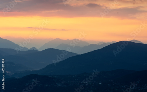 View of the mountains above Luino from the viewpoint of Premeno, a town at 800 meters above sea level, Italy