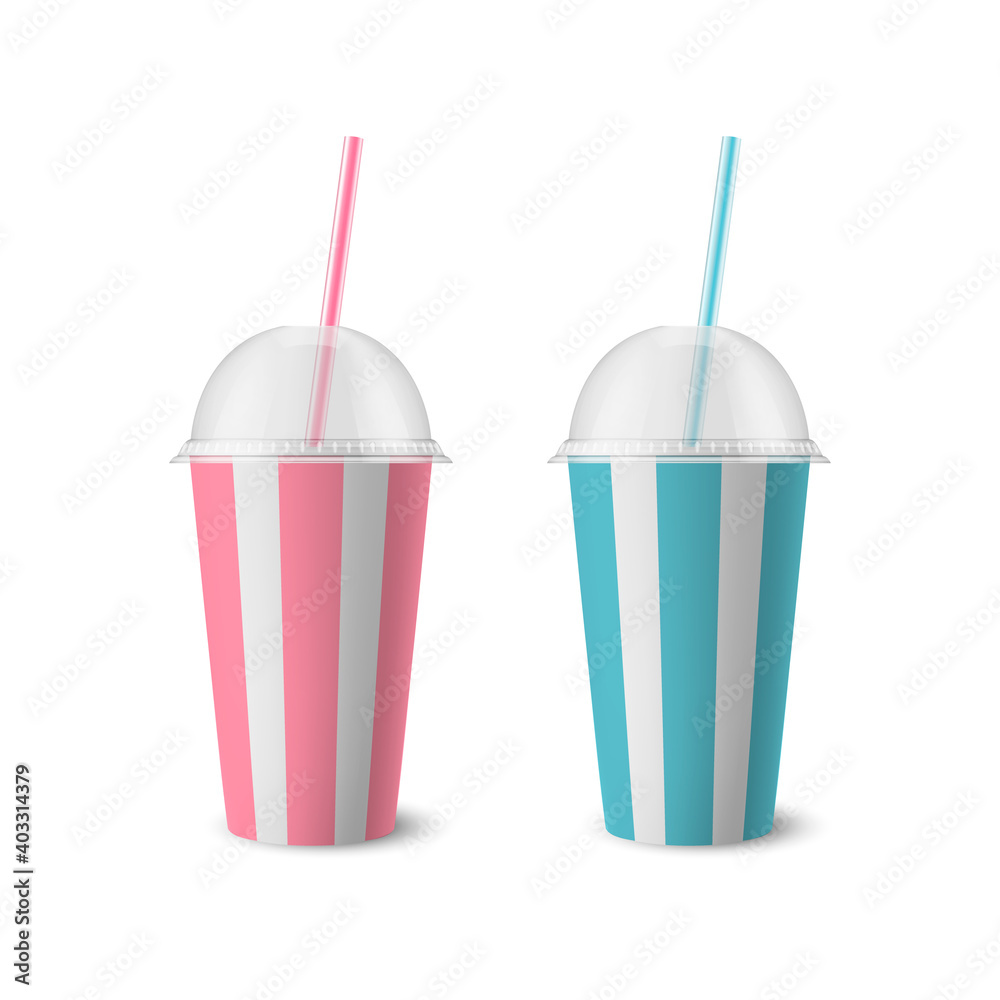 Vector 3d Realistic Striped White Paper Disposable Cup Set with Lid, Straw for Beverage, Drinks Isolated. Coffee, Soda, Tea, Cocktail, Milkshake. Design Template of Packaging for Mockup. Front View Vector 3d Realistic Striped White Paper Disposable Cup Set with Lid, Straw for Beverage, Drinks Isolated. Coffee, Soda, Tea, Cocktail, Milkshake. Design Template of Packaging for Mockup. Front View