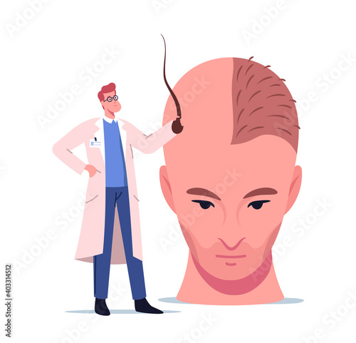 Tiny Doctor Character Holding Follicle Prepare Huge Male Head for Hair Transplantation Procedure, Plastic Surgery
