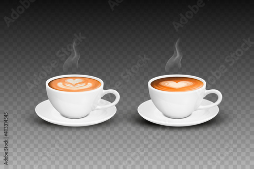 Vector 3d Realistic White Porcelain Ceramic Mug, Hot Milk Coffee, Foam, Flower, Heart Pattern and Smoke Set Isolated. Espresso, Capuccino, Latte. Stock Vector Illustration. Design Template. Front View