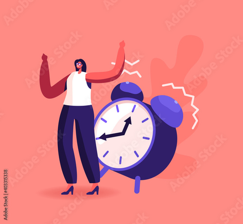 Female Character Ignoring Problems. Tiny Businesswoman Ignore Huge Alarm Clock Ring. Time Management, Procrastination