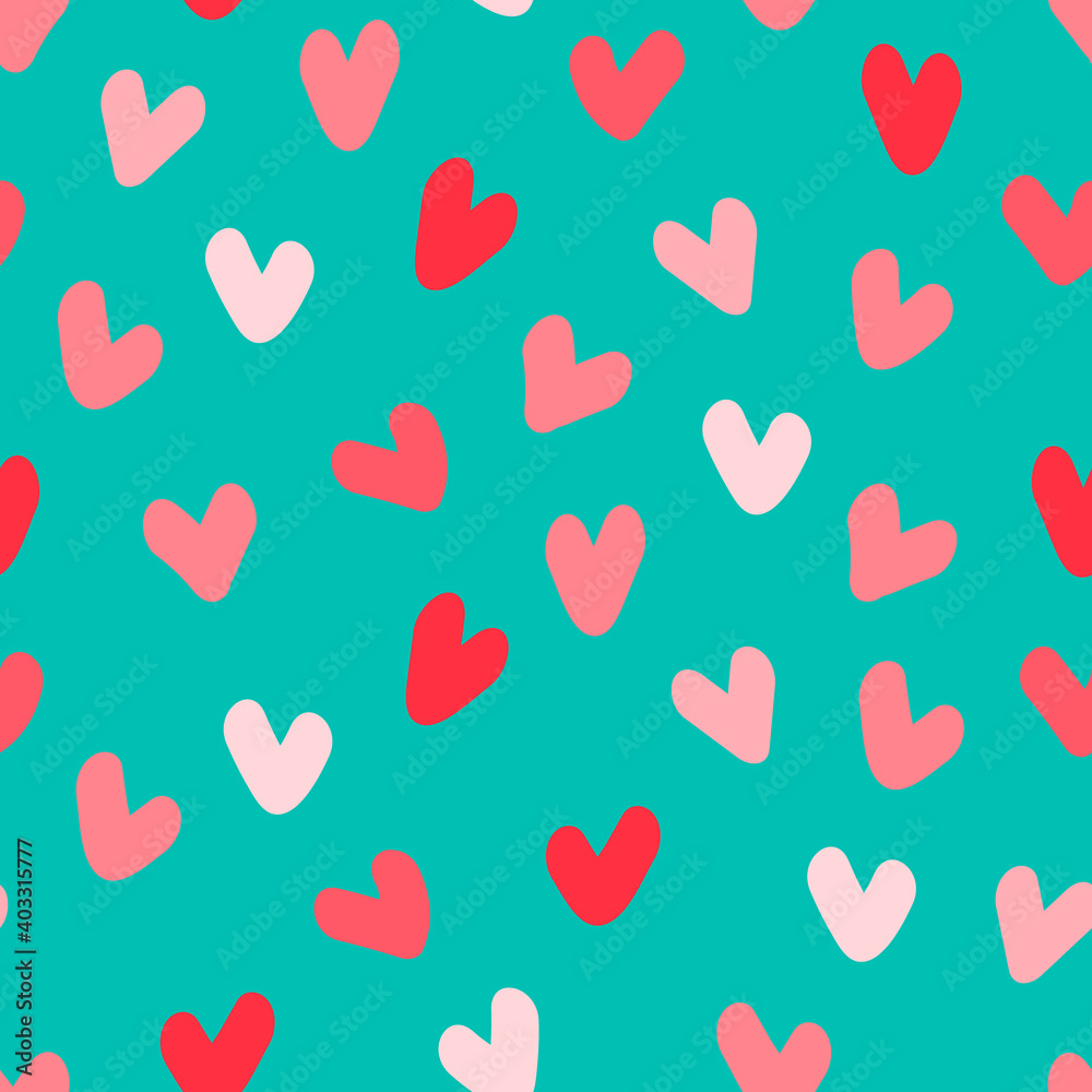 Seamless pattern. Hand drawn red and pink heart shapes on turquoise background, for wrapping paper and other design projects. Valentines Day concept, love, romance concept Seamless pattern. Hand drawn red and pink heart shapes on turquoise background, for wrapping paper and other design projects. Valentines Day concept, love, romance concept