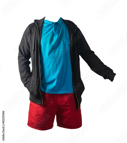 sweatshirt with iron zipper hoodie,  shirt and sports shorts isolated on white background. casual sportswear photo