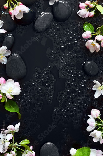 Photography Spa stones and pink flowers on black background with water.