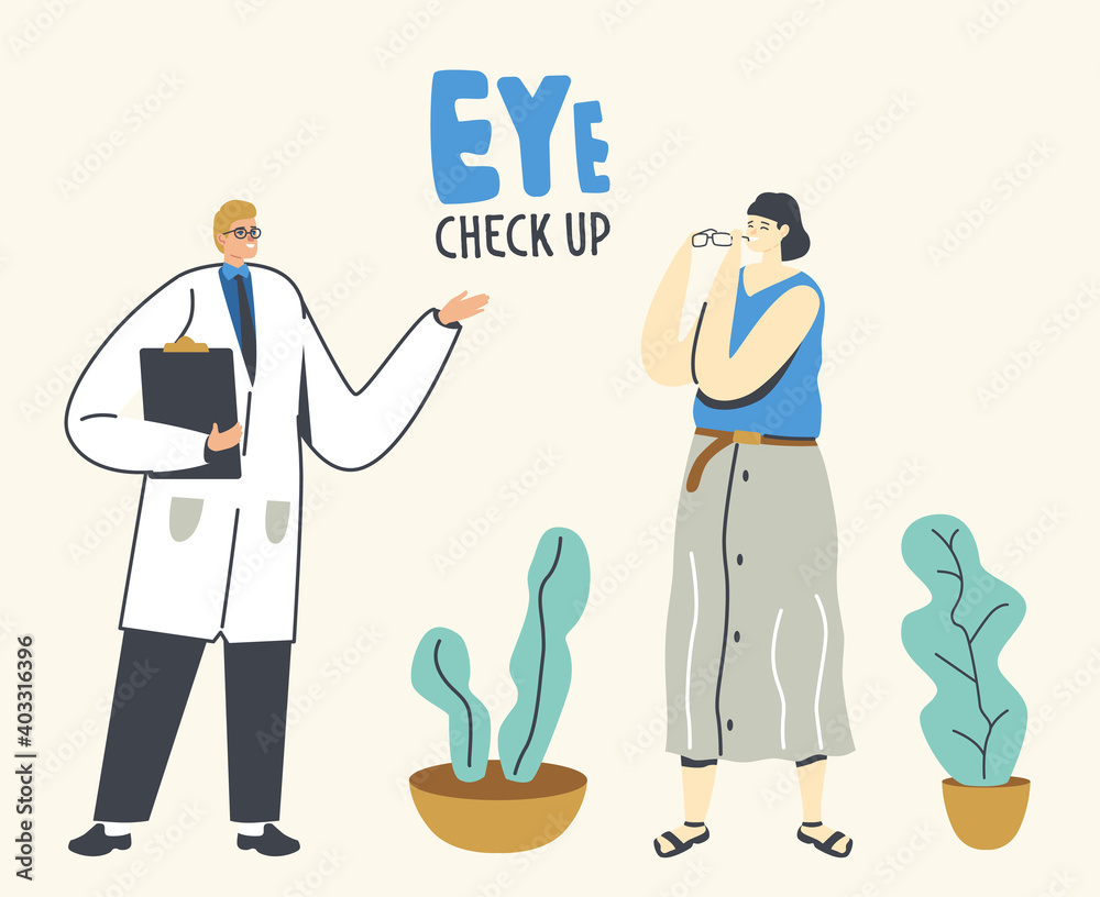 Doctor Character Prescript Eyeglasses for Female Patient, Vision Checkup. Eyes Diseases Diagnostics, Woman at Oculist Doctor Character Prescript Eyeglasses for Female Patient, Vision Checkup. Eyes Diseases Diagnostics, Woman at Oculist