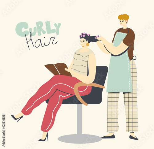 Young Woman Visiting Beauty Salon. Master doing Curly Hairstyle for Girl in Barbershop Using Curlers in front of Mirror