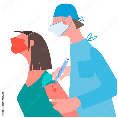 Vaccination time concept. Stop coronavirus concept. Doctor inoculates female patient in mask, making vaccine injection in shoulder. Vector illustration. Banner, poster,social media post