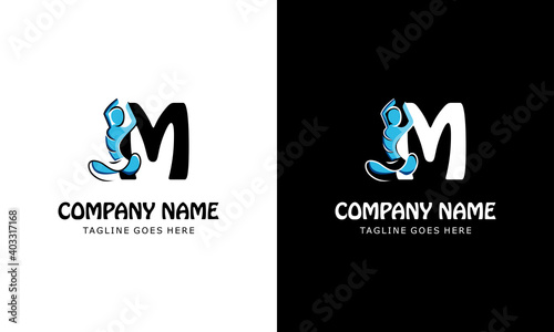 The letter M with a yoga person. Templates for logos, labels, emblems, signs, stamps. Vector illustration.