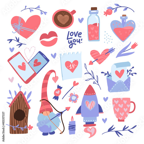 Valentine's Day elements set. Love decor for social network, web design, social media, online communication, cards and printed material. Flat vector illustration Isolated on white background.