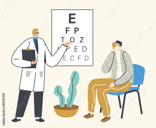 Ophthalmologist Doctor Check Eyesight for Eyeglasses Diopter. Male Oculist Character with Pointer Checkup Eye Sight, Vision