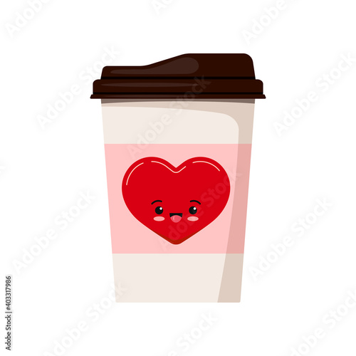 Valentines day coffee or tea paper cup decorated with emoji heart illustration isolated on white background. Romantic card template character element. Vector flat style drink to go design mug.