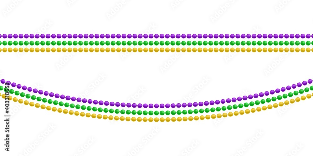 Vector realistic isolated beads for Mardi Gras flyer for template decoration and covering on the white background. Concept of Happy Mardi Gras. - obrazy, fototapety, plakaty 