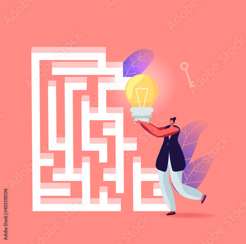 Business Woman with Huge Bulb Searching Exit in Labyrinth or Maze Finding Idea, Solution, Business Strategy, Insight